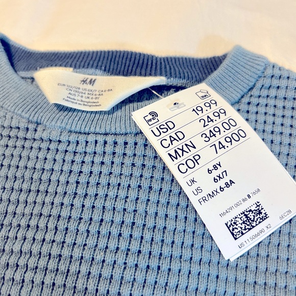 NWT H&M Waffle Knit Sweater in Cotton Blue Melange Size 7 - Picture 3 of 7